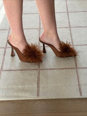 Sam Edelman Brown Feather-Trim Slip-On Mules